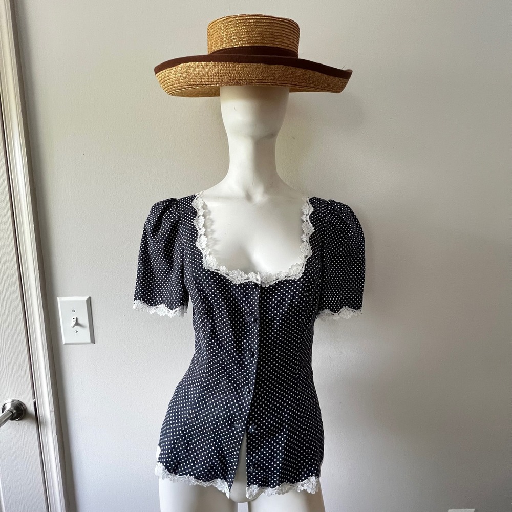 Reformation Anabella Polka Dot Linen Lace Trim Puff Sleeve Button Front Top S/M